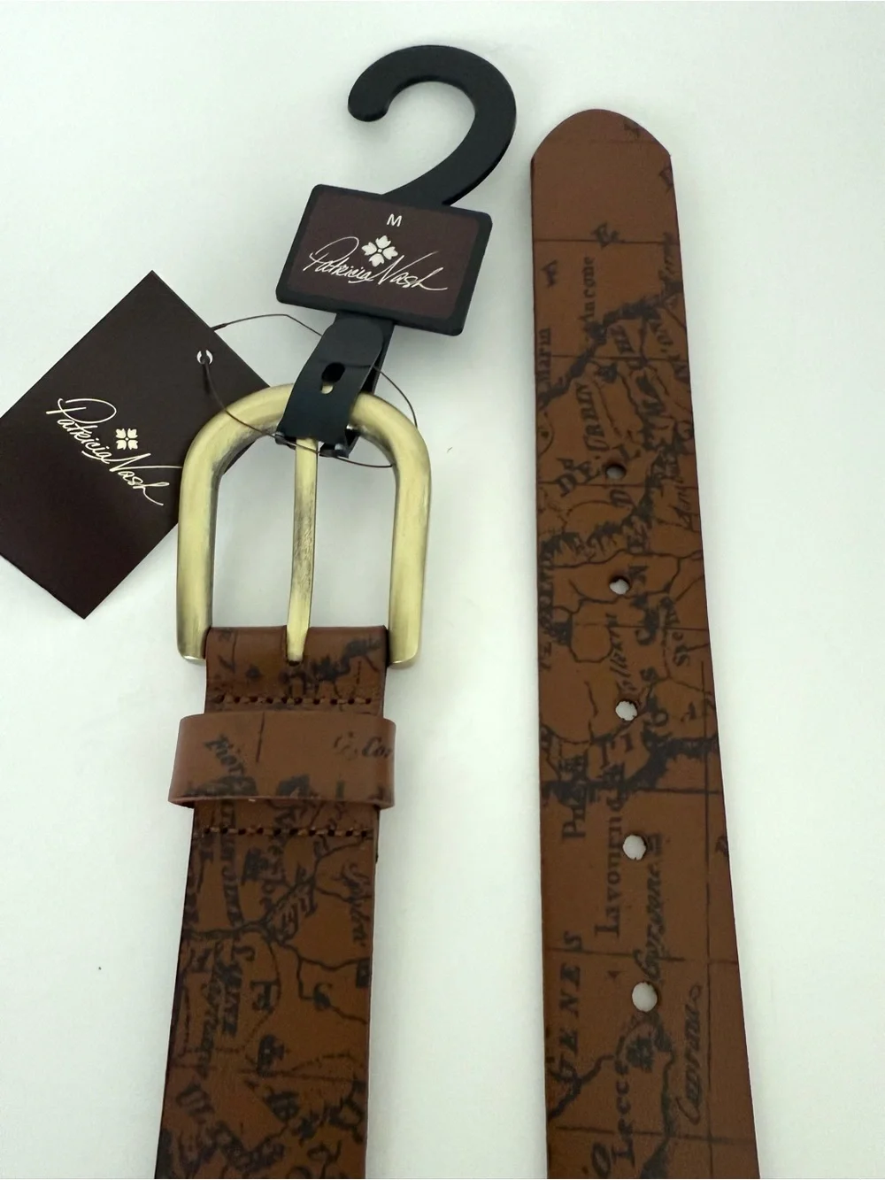NWT Patricia Nash Brown Leather Vietri Map Gold Tone Buckle Boho Belt